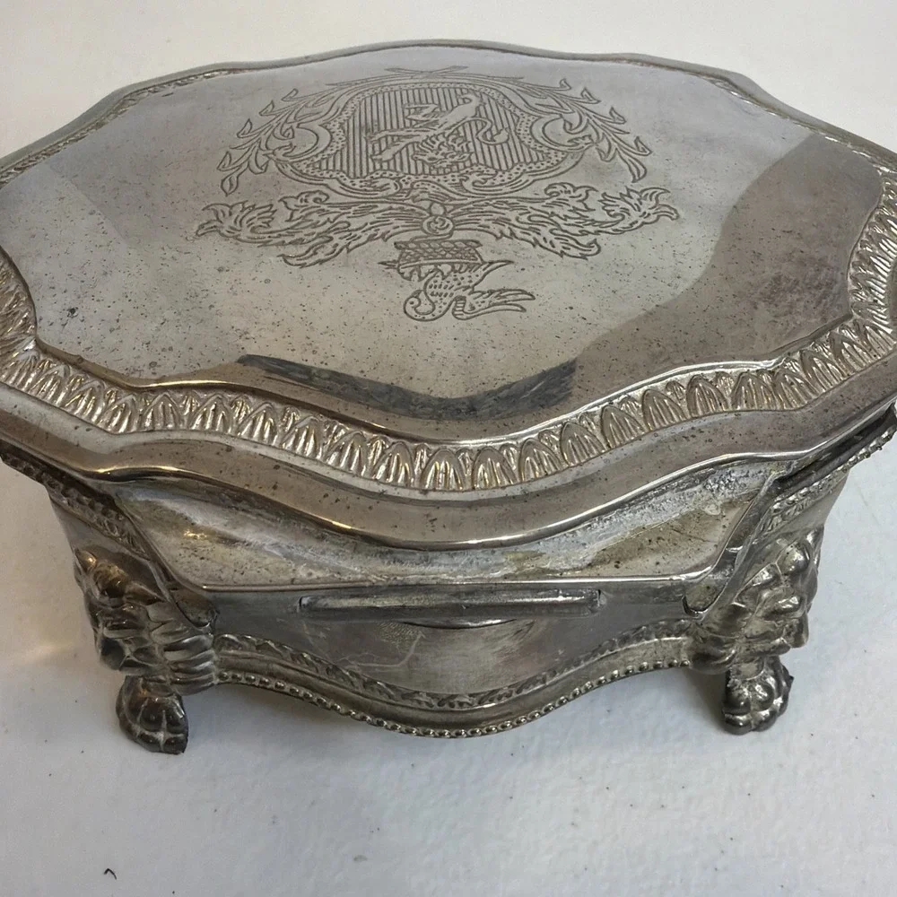 Vintage Silver Plated Jewelry Trinket Box Lion Feet British Royal Coat of Arms